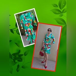 EUC Julie Brown Vibrant Green Floral 3/4 Sleeve Wrap Dress w/Ruffled Hemline